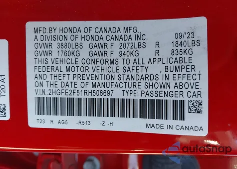 2024 Honda Civic Sport from USA, damaged, VIN 2HGFE2F51RH506697